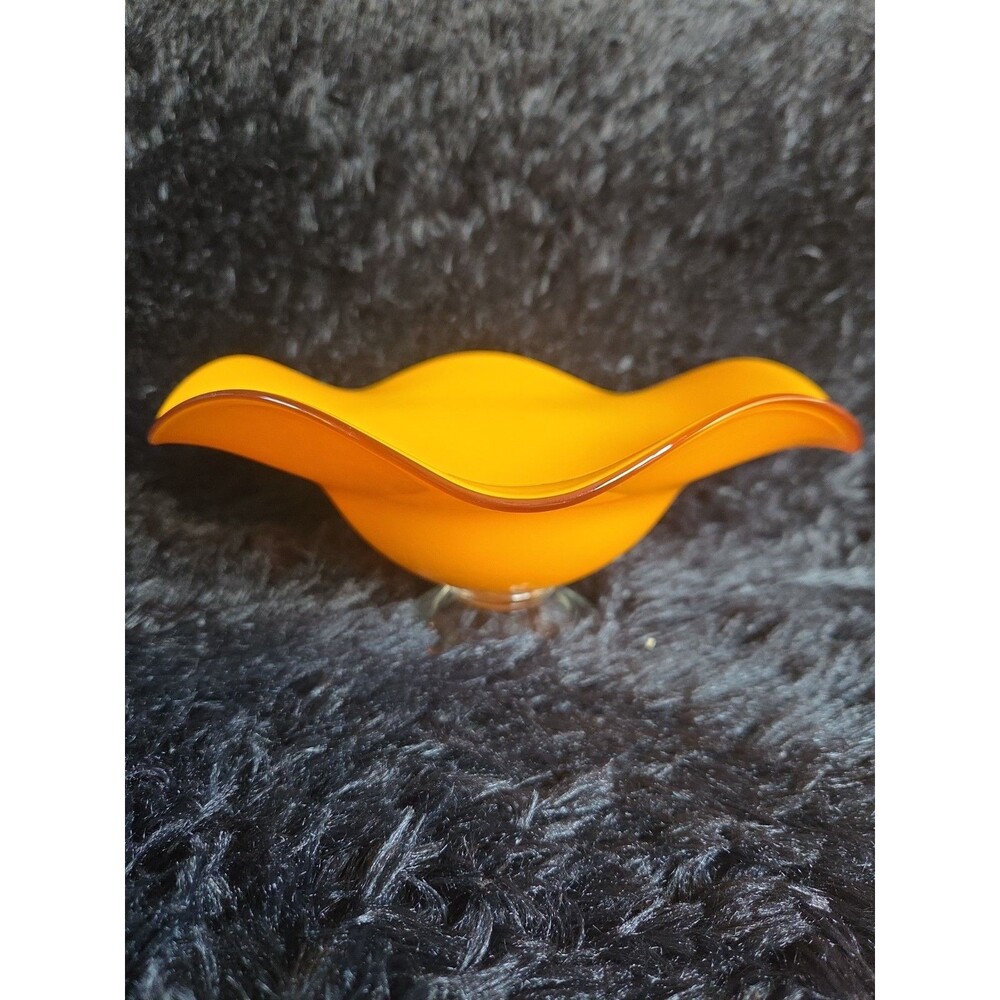Vtg Teleflora Gift Vibrant Orange Glass Bowl with Ruffled Rim on Clear Pedestal - Picture 2 of 9